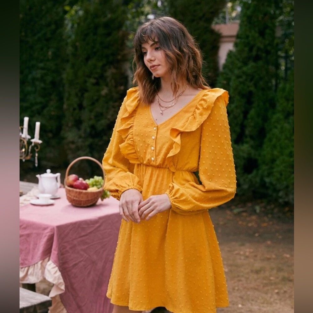#14 🌺 5/$30 🌺 mustard yellow Button Swiss Dot Ruffle Lantern Sleeve Dress